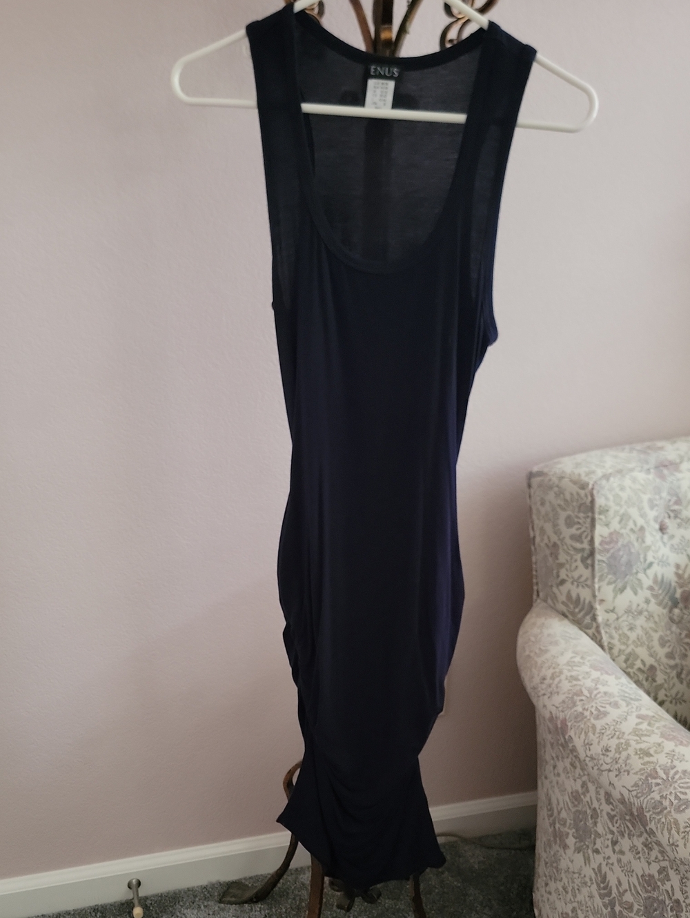 VENUS Navy Blue Scoop Neck Racerback Sleeveless Ruched Tank Dress